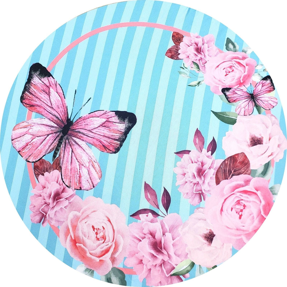 Conjunto de 4 Capas Redondas para Jogo Americano Rosa Azul Listrado Borboleta 35,5 cm de Diâmetro