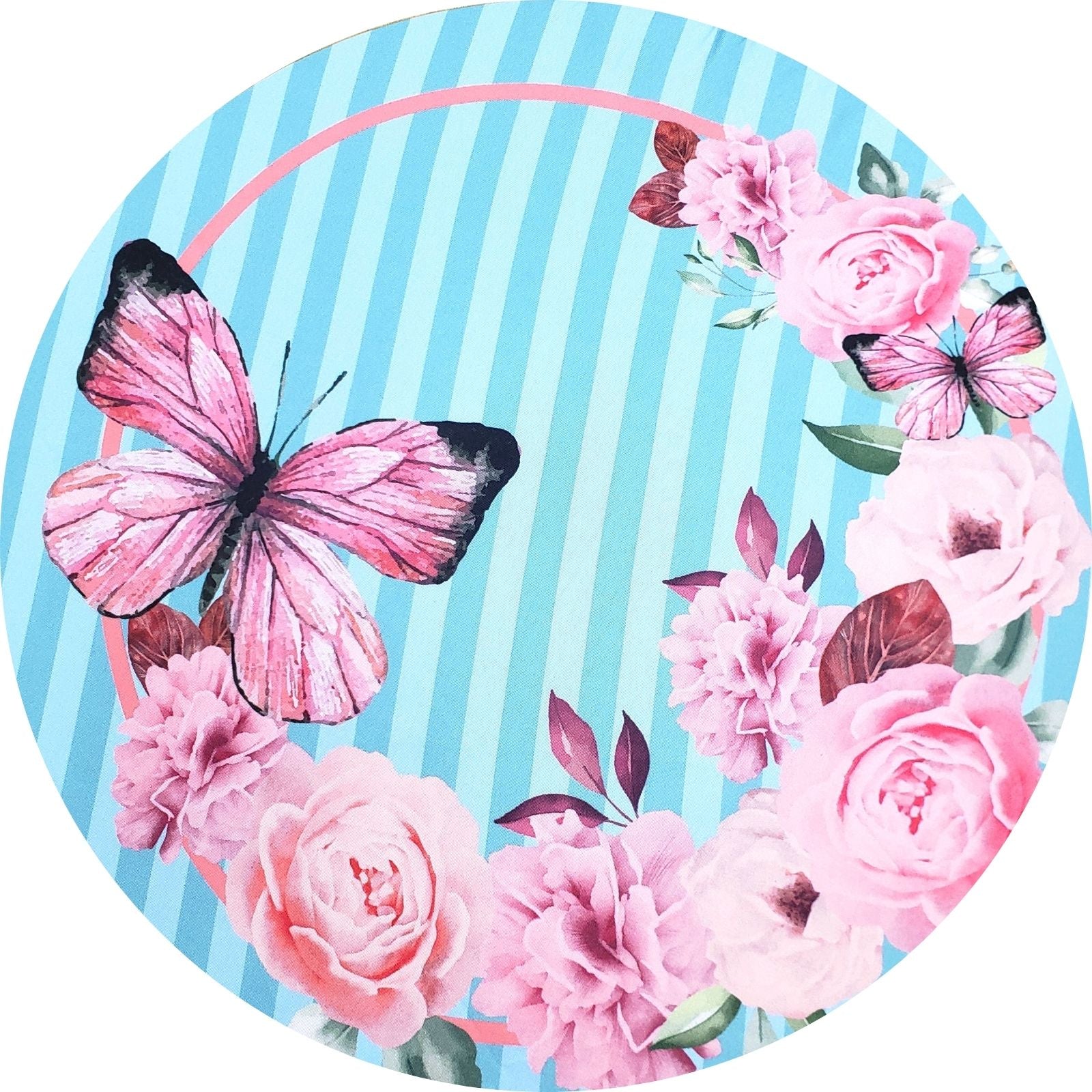 Conjunto de 4 Capas Redondas para Jogo Americano Rosa Azul Listrado Borboleta 35,5 cm de Diâmetro