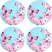 Conjunto de 4 Capas Redondas para Jogo Americano Rosa Azul Listrado Borboleta 35,5 cm de Diâmetro