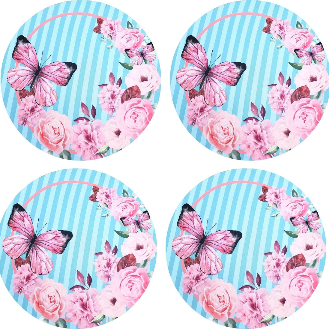 Conjunto de 4 Capas Redondas para Jogo Americano Rosa Azul Listrado Borboleta 35,5 cm de Diâmetro