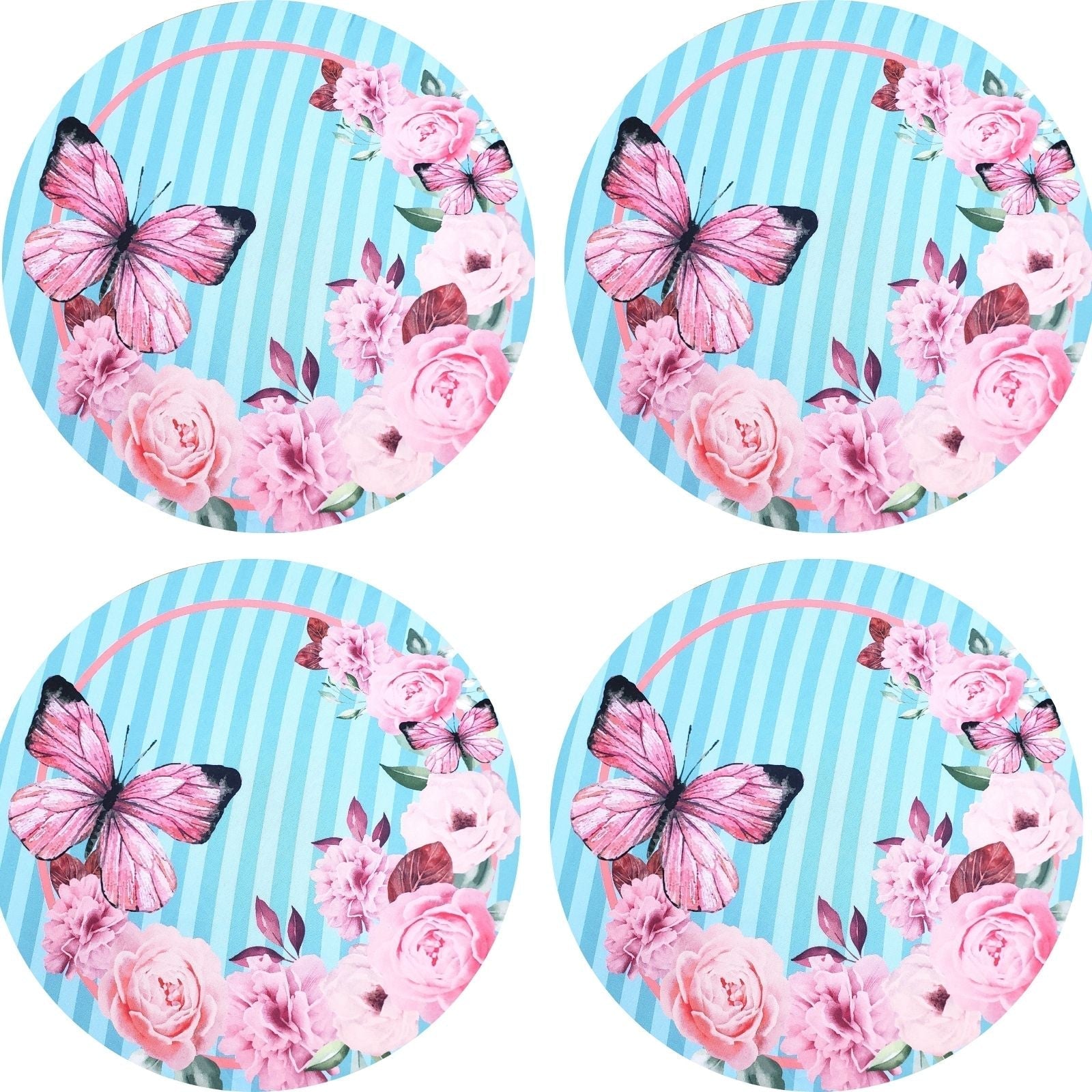 Conjunto de 4 Capas Redondas para Jogo Americano Rosa Azul Listrado Borboleta 35,5 cm de Diâmetro