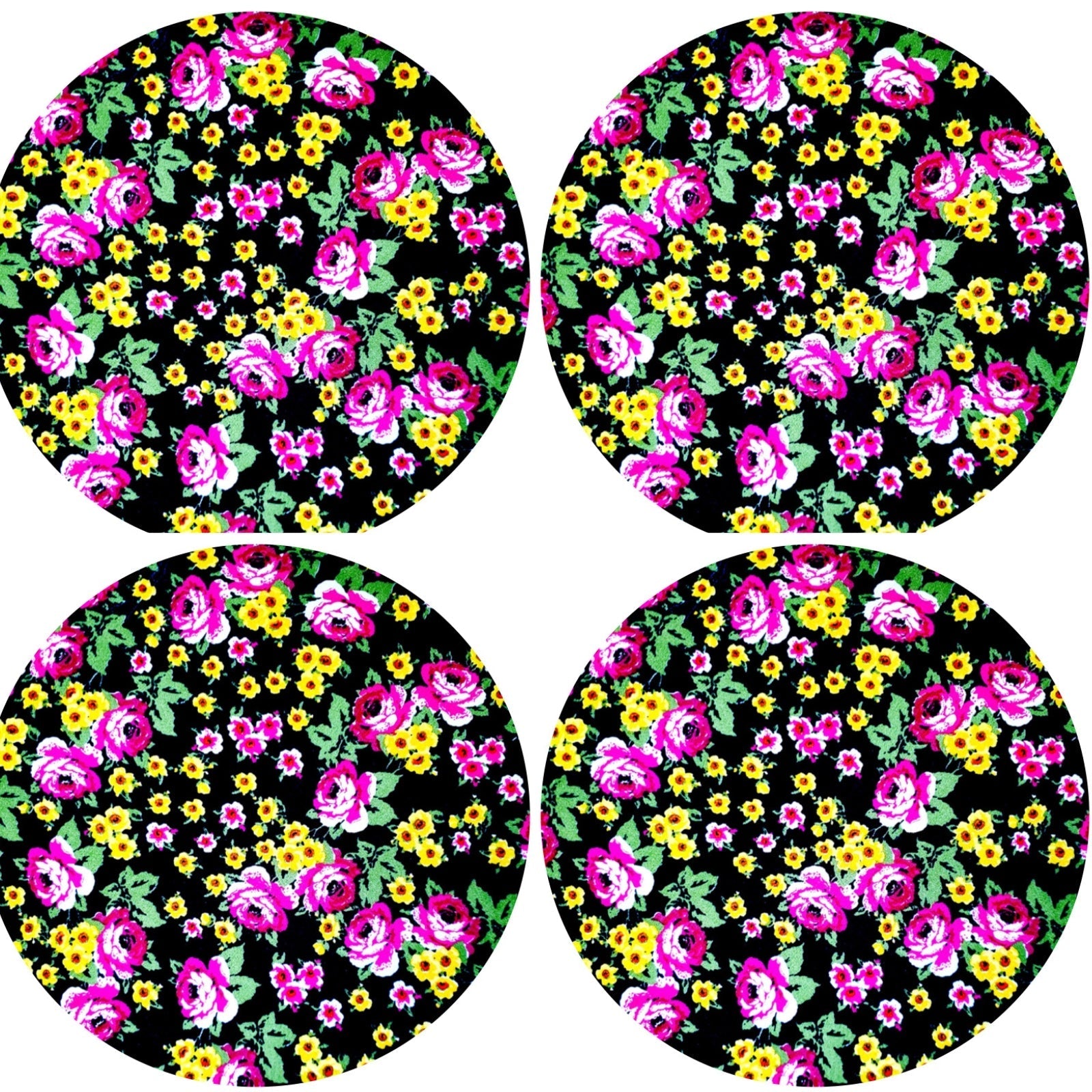 Set of 4 Round Placemats Covers 14 Dia inch Litle Black Flower Charlo